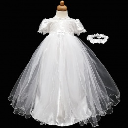 Baby Girls White Lace & Tulle Christening Gown & Headband